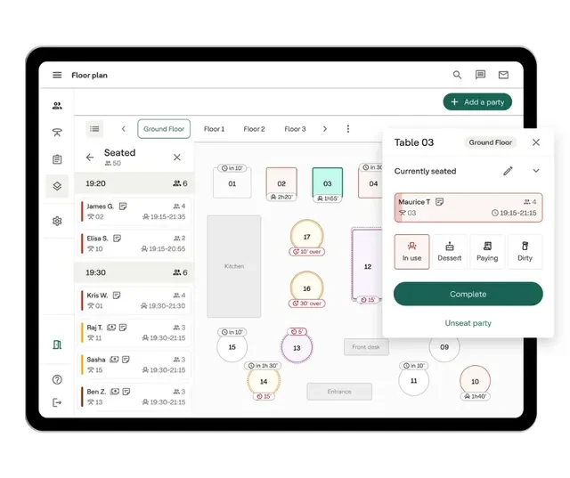 Dojo booking system floor plan on a tablet